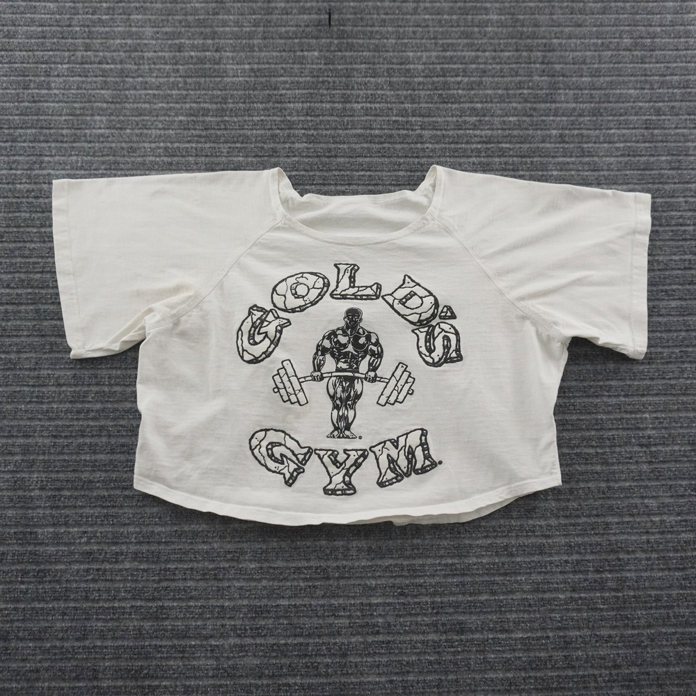 Vintage 80s Gold's Gym Crop Top Mens Large White Raglan Graphic Tee USA Made